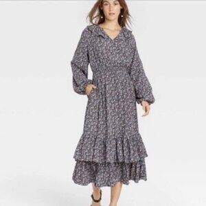 Universal Thread XL Midi Dress Blue Floral Prairie Festival Whimsigoth Farm Boho